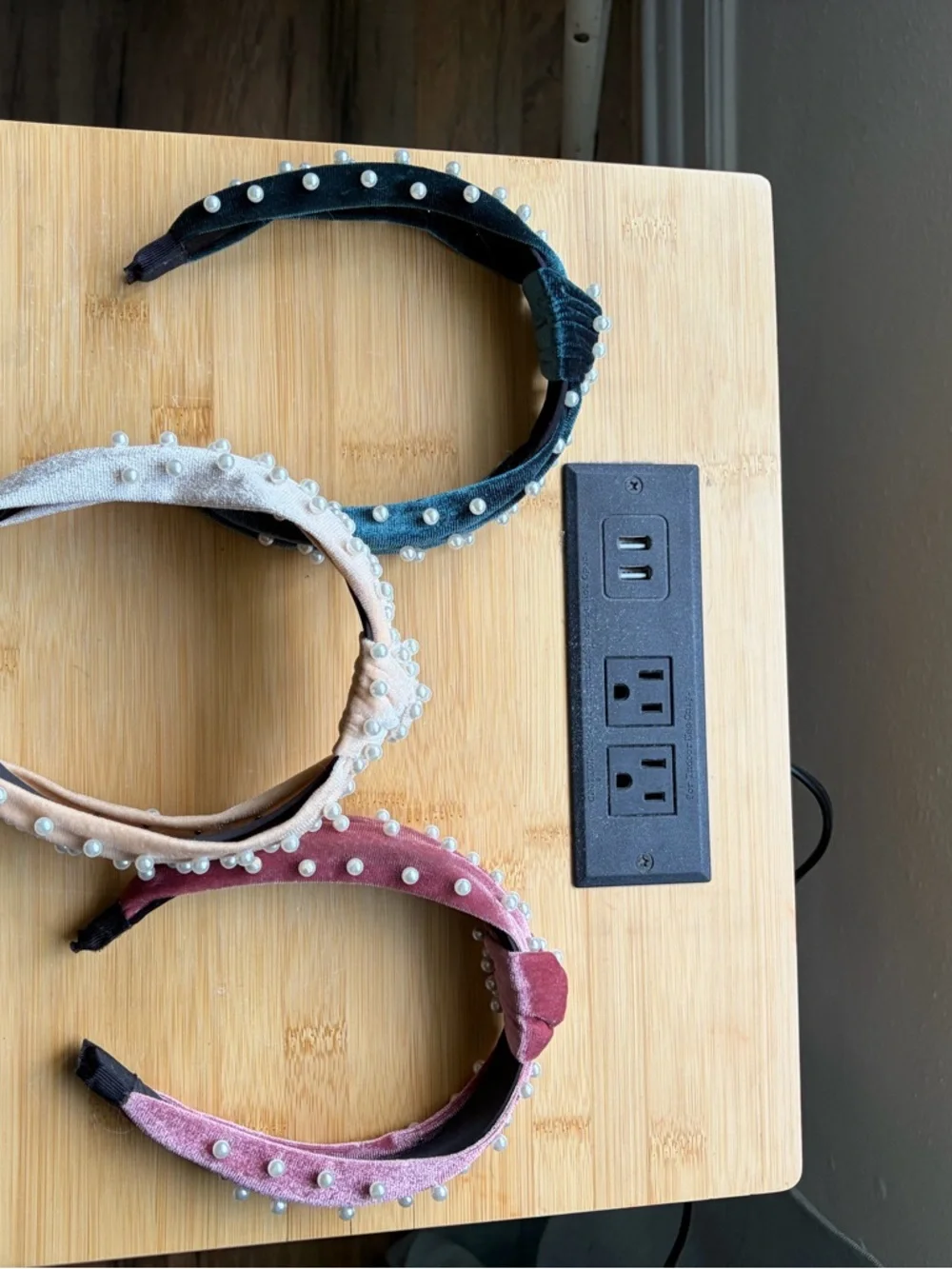 Pearl-Embellished Velvet Headbands - Pink, Cream, Teal - Picture 4 of 4